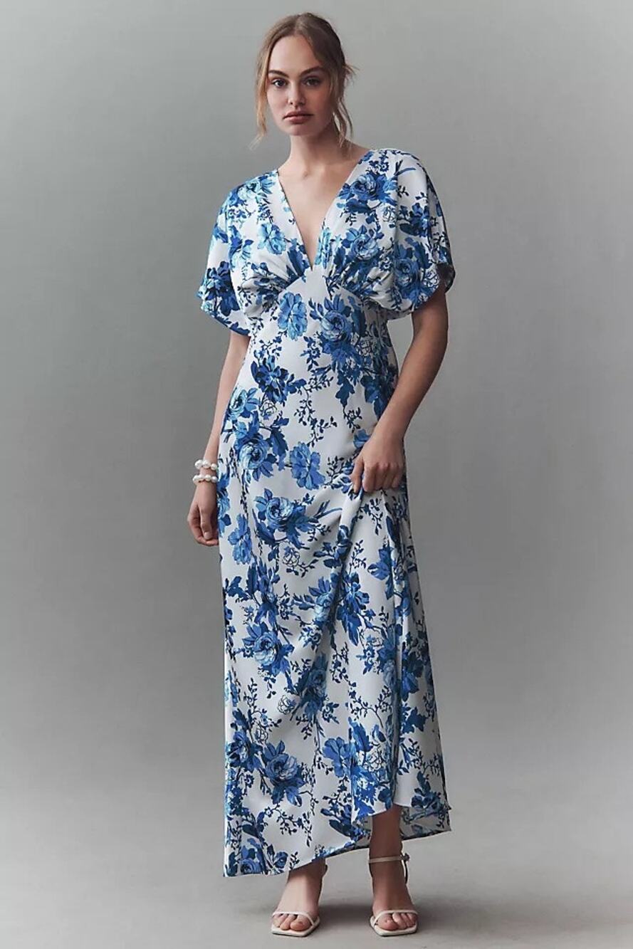 NEW BHLDN Leila Deep-V Flutter Sleeve Maxi Dress in Blue Floral Size 12